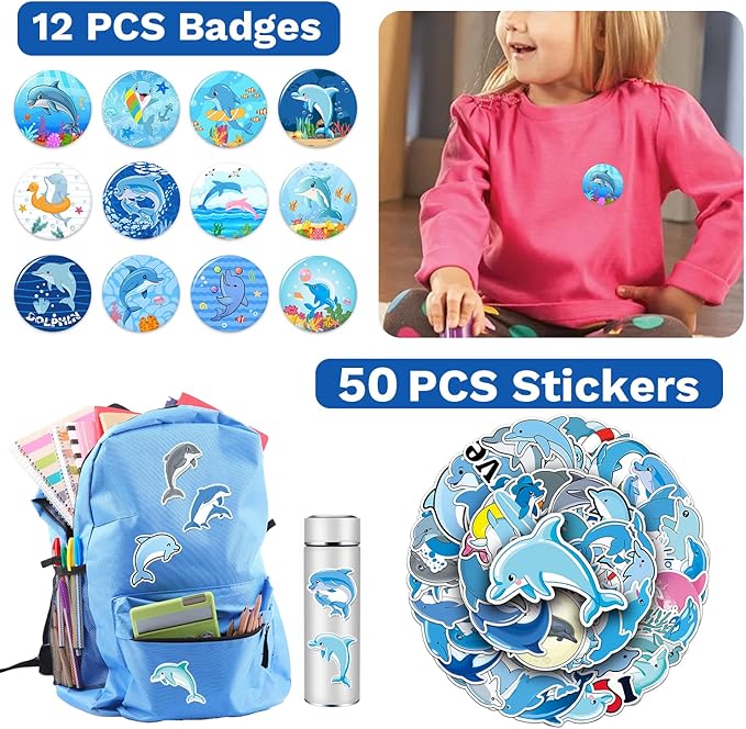 98 PCS Dolphin Party Favors, Dolphin Temporary Tattoos Slap Bracelets Keychains Stickers Badges for Dolphin Birthday Party Decorations Supplies Gifts for Kids Teens Boys Girls Classroom Rewards