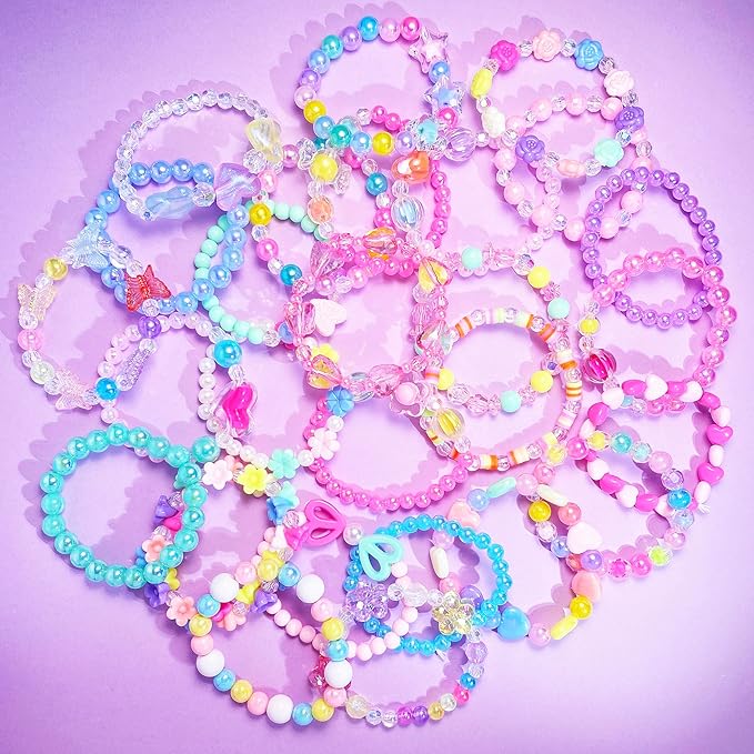27 PCS Colorful Kids Bracelets for Girls Beaded Toddler Bracelets Little Girls Birthday Easter Party Favors Goodies Bag Stuffers Pretend Play Costume Jewelry Christmas Gift