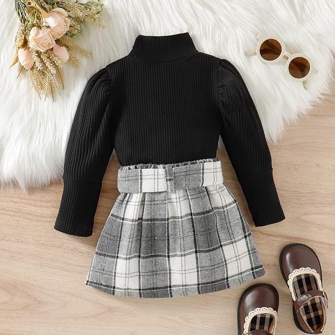 Fernvia Toddler Baby Girl Fall Winter Skirt Set Turtleneck Ribbed Long Sleeve T-Shirt Top & Plaid Skirts Dress 2Pcs Outfits