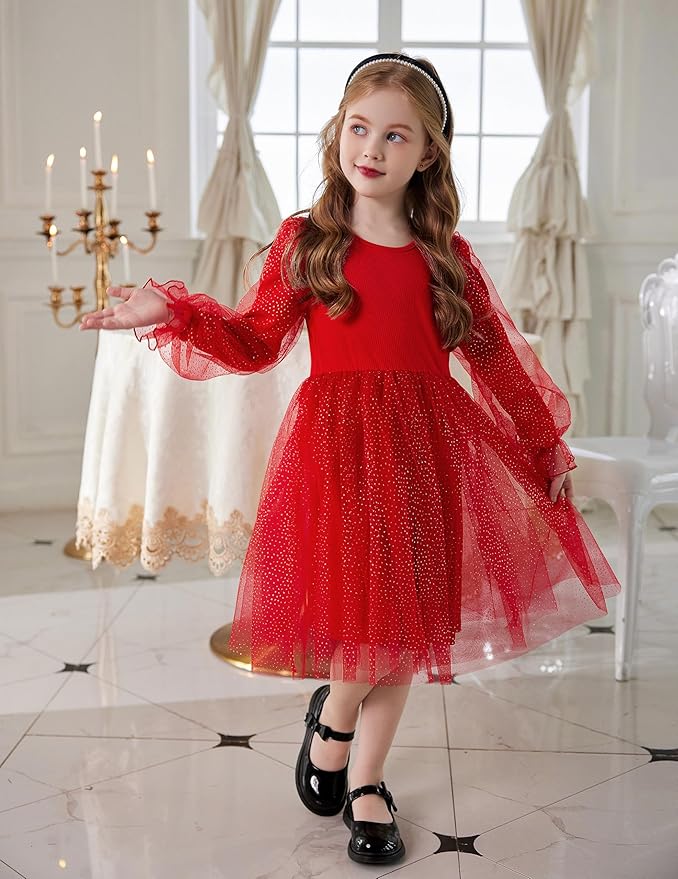 Arshiner Toddler Christmas Dress Girls Sequin Tulle Puff Long Sleeves Tutu Dress Princess Birthday Party Clothes 1-6T