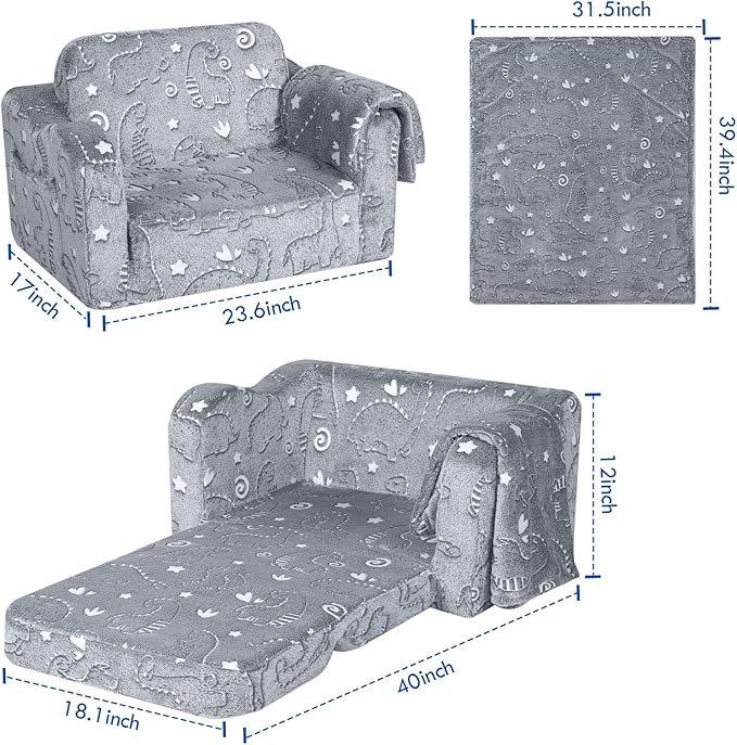 MeMoreCool Kids Dinosaur Couch, Foldable Toddler Chair, Glow in The Dark Convertible Sofa Bed, Fold Out Lounge for Boys Ages 1-3 in Playroom, Comfy Recliner Lounger (Grey)