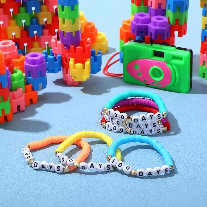 36 Pcs Happy 100th Day of School Bracelets Colorful Friendship Beads Bracelet for Boy Girl Kids Cute 100th Day Gifts Stretchy Acrylic Clay for School Supply Decor Student Rewards