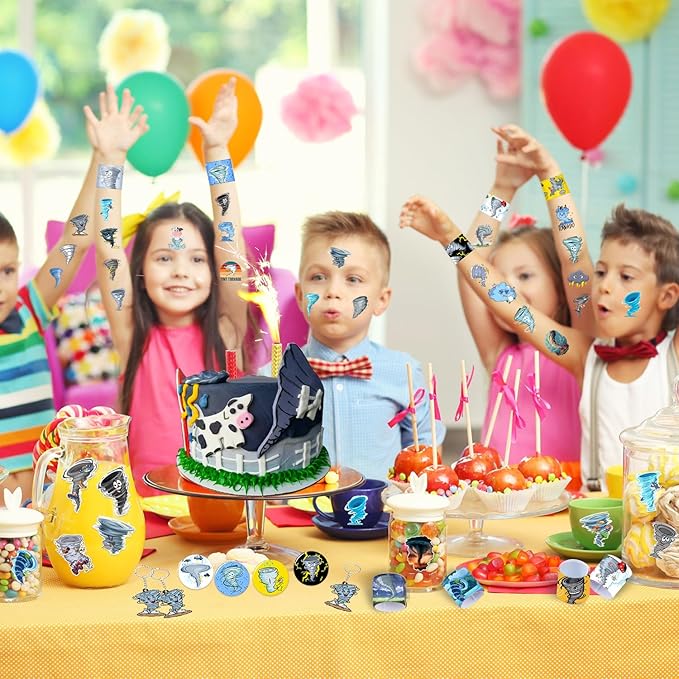 98 PCS Tornado Party Favors, Tornado Temporary Tattoos Slap Bracelets Keychains Stickers Badges for Tornado Birthday Party Decorations Supplies Gifts for Kids Teens Boys Girls Classroom Rewards