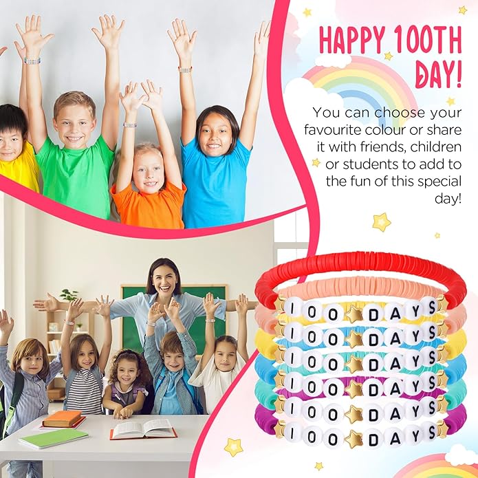 36 Pcs Happy 100th Day of School Bracelets Colorful Friendship Beads Bracelet for Boy Girl Kids Cute 100th Day Gifts Stretchy Acrylic Clay for School Supply Decor Student Rewards