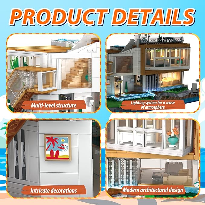 2228Pcs Seaside Villa Building Blocks Set for Kids Ages 8-12 - Street View House Collectible Model Kits - Building Toys with Lighted Glow for Creative Minds