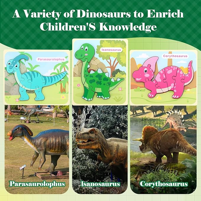 3 Pack Dinosaur Wooden Puzzles for Toddlers,Montessori Toys Dinosaur Puzzle for Kid 3 Year Old,Preschool Educational Learning Colorful Toys Gifts