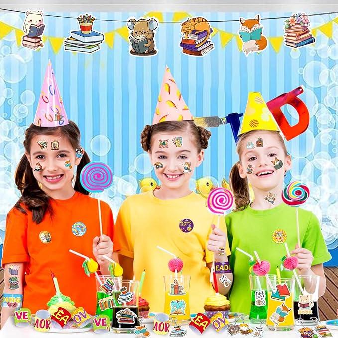 98 PCS Reading Book Party Favors, Reading Book Temporary Tattoos Slap Bracelets Stickers Badges Keychains for Reading Book Birthday Party Decorations Supplies for Kids Boys Girls Book Lovers