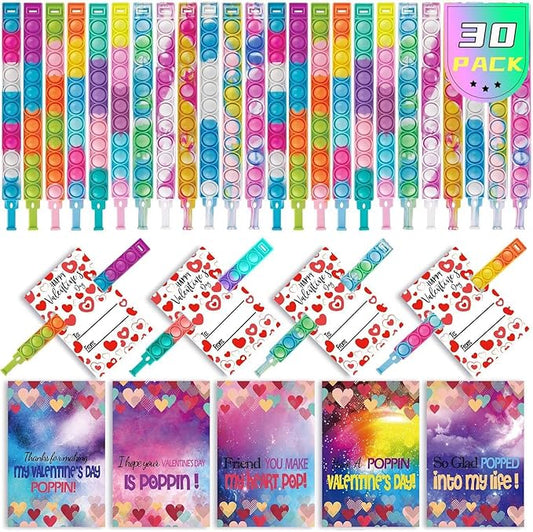 30 Pack Valentines Day Gift Cards for Kids Classroom, Pop Fidget Bracelets Stress Relief Sensory Toy School Classroom Gifts Exchange Valentines Party Favors