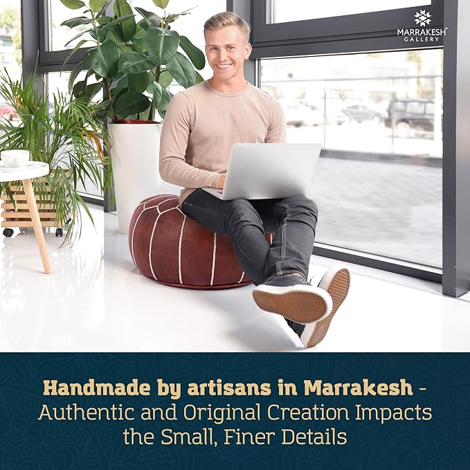 Genuine Leather Round Pouf Cover - Handmade Moroccan Ottoman Footstool, Unstuffed Footrest Under Desk - Boho Decor - Bohemian Living Room, Bedroom, Kids Room - Housewarming Gift & Wedding