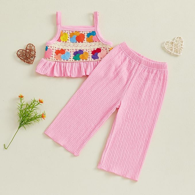 6M-5T Little Girl Clothes Boho Outfit Straps Hearts Shirts Cami Tank Tops Wide Leg Pants Baby Girl Summer Clothes