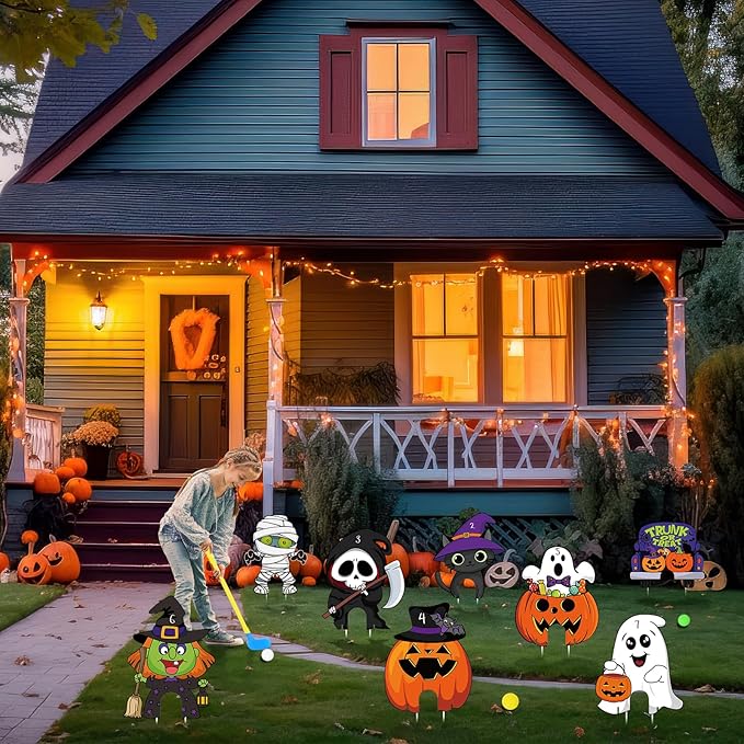 8Pcs Halloween Mini Golf Game Set, Halloween Yard Sign Games for Kids Party, Mini Golf Toy Game Include Clubs Balls Yard Sign Holes for Halloween Party Teens Golf Yard Lawn Indoor Outdoor Decorations