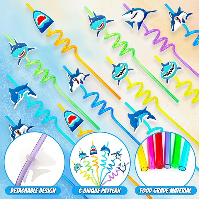 134 Pcs Shark Party Favors with Shark Straws Shark Bracelets Wristbands Tattoo Stickers Erasers Keychains Goodie Bags Under the Sea Party Favors Shark Birthday Party Decorations