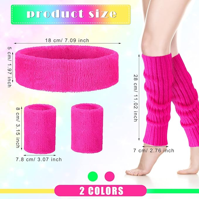 Giegxin 2 Set 80s Leg Warmers Set for Girls Kids Neon Ribbed Knit Leg Warmers Fitness Headband Wristbands for Cosplay Party