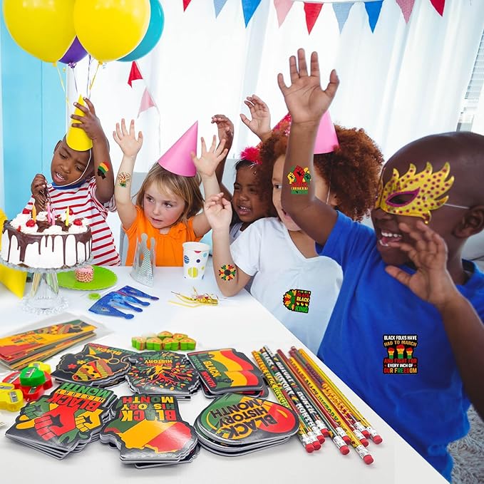 218 PCS Black History Month Party Favors Happy Juneteenth Party Classrooms Exchange Stationery Giveaways Sets Class Reward Prizes Pencils Erasers Stickers for African American Party Supplies (BHM)