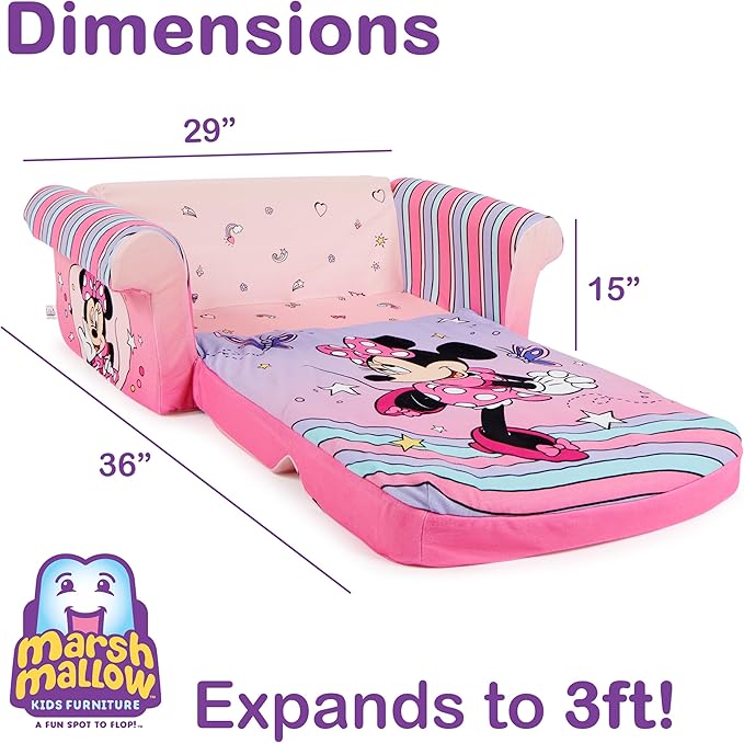 MARSHMALLOW Furniture, Minnie Mouse 3-in-1 Slumber Sofa Baby Lounger, Convertible Kids Couch, Sofa Bed & Foam Toddler Nap Mat with Attached Blanket
