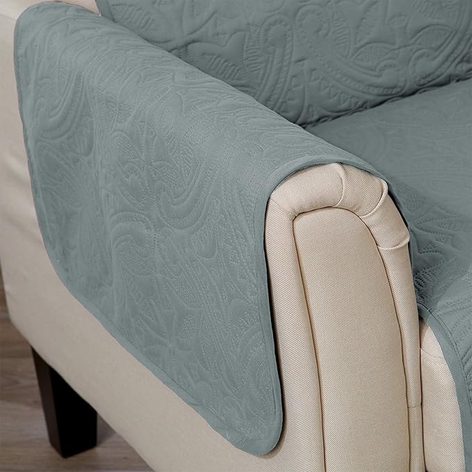 Medallion Stitched Solid Furniture Protector Stain Resistant Durable Furniture Protector Elenor Collection (Loveseat, Mirage Gray/Flax)