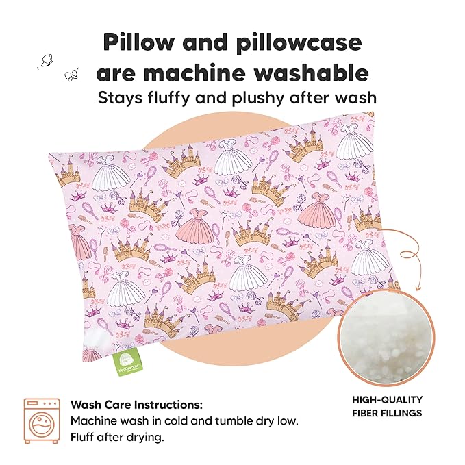 Toddler Pillow with Pillowcase - 13x18 My Little Dreamy Pillow, Organic Cotton Toddler Pillows for Sleeping, Kids Pillow, Travel Pillows,Mini Pillow,Nursery Pillow,Toddler Bed Pillow (Dear Princess)
