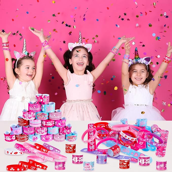 72 Pcs Valentines Slap Bracelets Rubber Bracelets Valentines Party Favors Gifts for Kids School Classroom Goodie Bag Stuffers