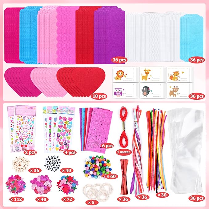 36 Sets Valentines Day Crafts for Kids, DIY Felt Valentine Bookmarks Kits with Googly Eyes Pom-poms Hearts Stickers, Valentines Craft Supplies for Kids Classroom Activity Party Favor Gift Exchange