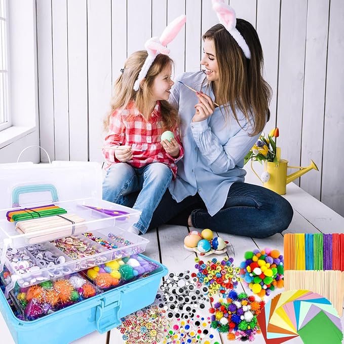 1405 Pcs Art and Craft Supplies for Kids, Toddler DIY Craft Art Supply Set Included Pipe Cleaners, Pom Poms, Feather, Folding Storage Box - All in One for Craft DIY Art Supplies, Light Blue