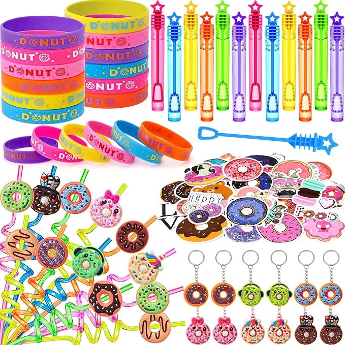 98 Donut Party Favors Two Sweet Birthday Party Supplies for Girls Kids Straw Bubble Silicone Bracelet Keychain Sticker Donut Themed Toy Gift Goodie Bag Stuffer Candyland Party Favors