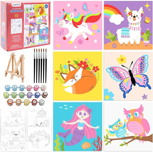 Kids Paint by Number Kits Including 6 Pre-Drawn Canvas for Painting, 6 Brushes 17 Paints and 2 Easels, Perfect Art Painting Kit for Kids, Arts and Crafts Painting for Kids Ages 8-12