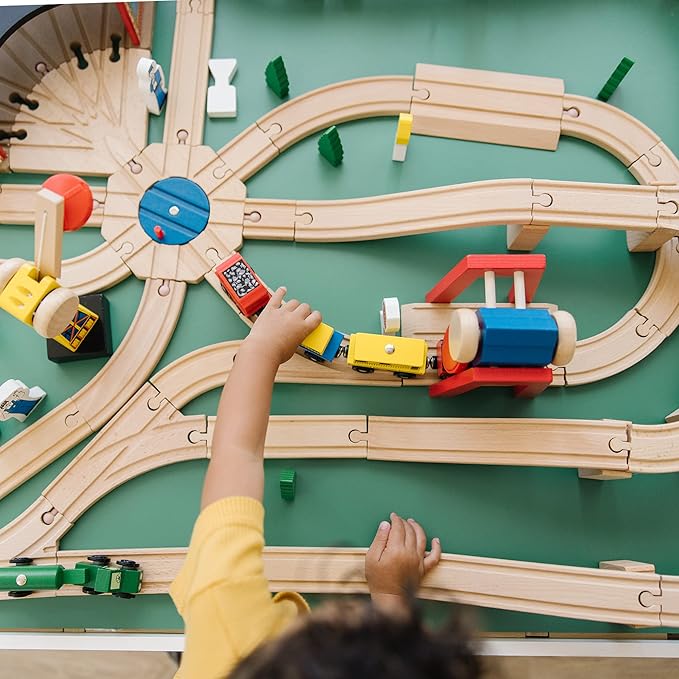 Melissa & Doug Wooden Railway Set, 130 Pieces - Wooden Train Set for Toddlers Ages 3+