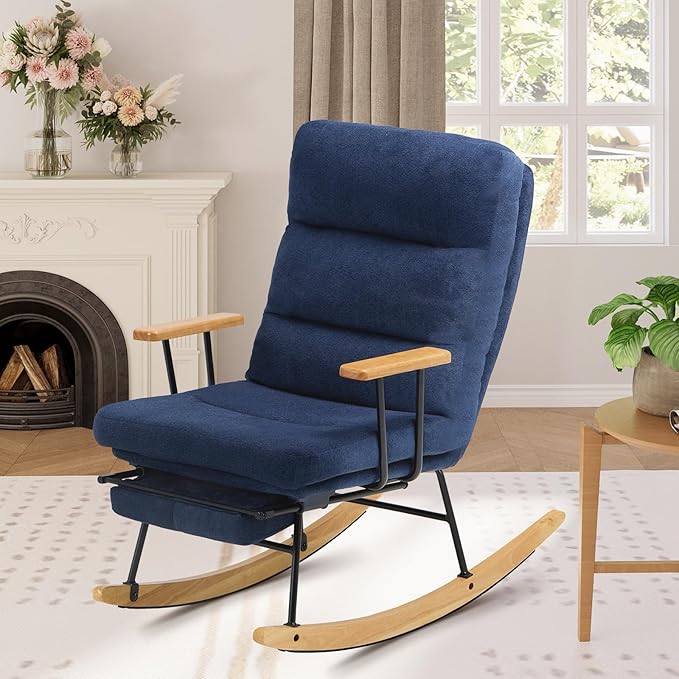 Rocking Chair with Footrest-Glider Rocker Chair with Retractable Footrest and Adjustable Backrest, Teddy Upholstered Rocking Chair, Modern Accent Chair for Living Room/Nursery/Bedroom/Outdoor-Blue