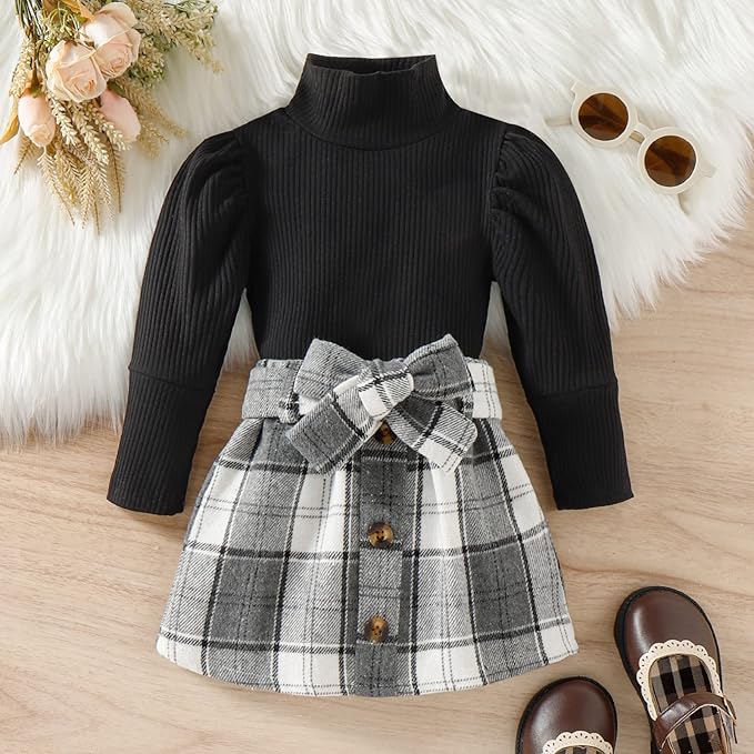 Fernvia Toddler Baby Girl Fall Winter Skirt Set Turtleneck Ribbed Long Sleeve T-Shirt Top & Plaid Skirts Dress 2Pcs Outfits