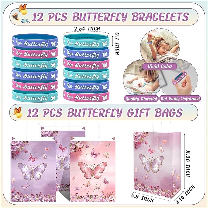 144 Pcs Butterfly Party Favors Set with Butterfly Straws Keychains Slap Bracelet Tattoo Stickers Wristbands Hair clips Goodie Bags Butterfly Party Supplies Butterfly Birthday Decorations