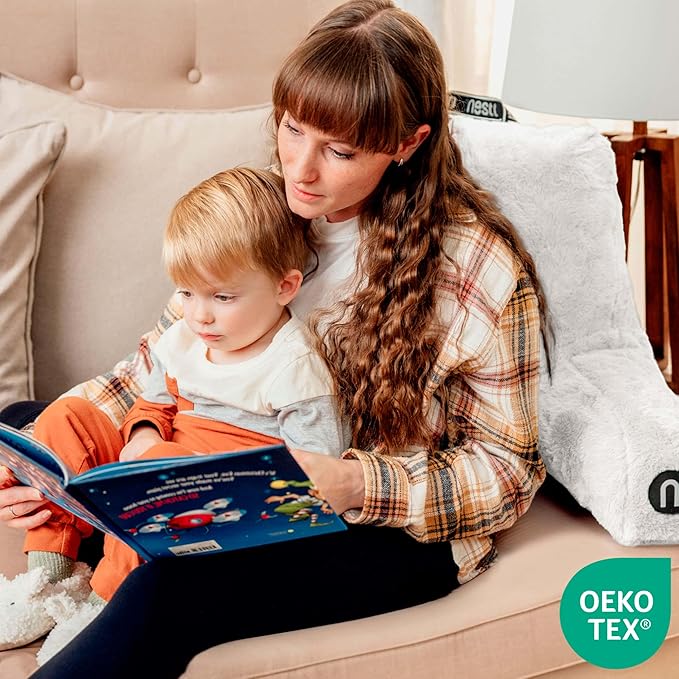 Nestl Fur Reading Pillow, Stylish Back Pillow for Bed Sitting Up, Faux Fur Bed Chair Pillow with Arms, Reading Pillows for Sitting in Bed Adult & Kids, Sit Up Back Support Pillow for Bed Rest - White