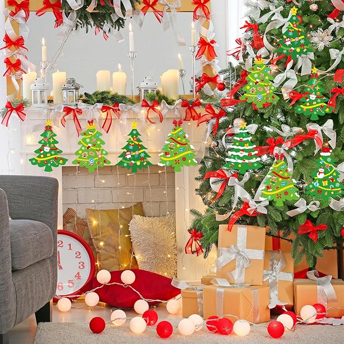 48Pcs DIY Christmas Tree Craft Kit for Kids, Holiday Art Making Craft with Stickers, Make Your Own Christmas Bookmark Xmas Party Favor Decorations Classroom Home Game Activities (Christmas Tree)