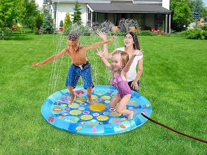 4 in 1 Splish Splash Learning Pad – Outdoor 60” Sprinkler Water Toy for Toddlers and Kids | USA Patented Swimming Ocean Animals | Inflatable Pool with Matching and Learning Games