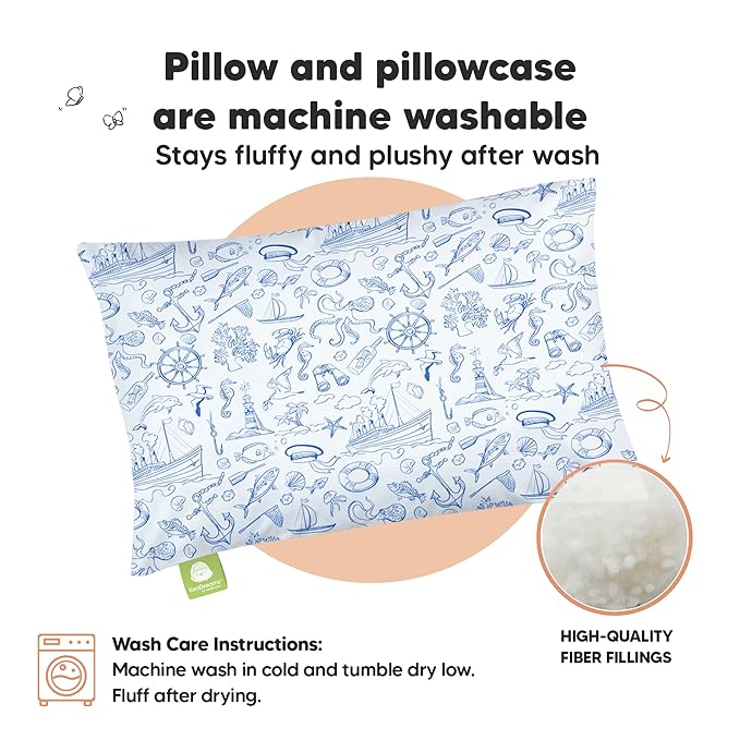 Toddler Pillow with Pillowcase - 13x18 My Little Dreamy Pillow, Organic Cotton Toddler Pillows for Sleeping, Kids Pillow, Travel Pillows, Mini Pillow, Nursery Pillow, Toddler Bed Pillow (Nautical)