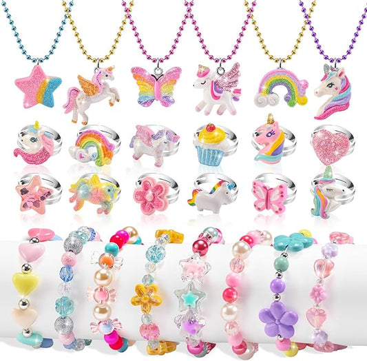 Kids Jewelry for Little Girls Ages 4-6, Unicorn Play Necklace Bracelets Rings for Toddlers Girls 3-5 6-8, Childrens Costume Dress Up Jewelry Set, Princess Gifts for 3 4 5 7 6 8 Year Old Party Favor
