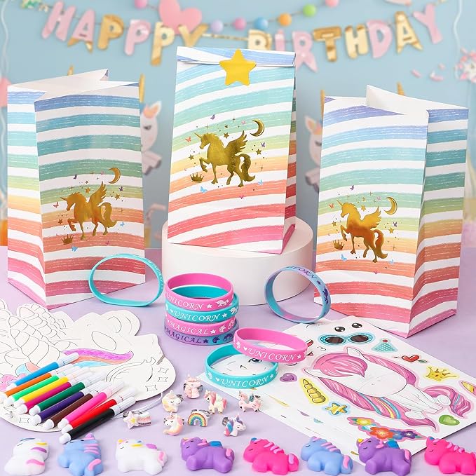96PCS Unicorn Party Favors for Kids Coloring Masks DIY Craft Fufu Stress Toys Watercolor Pen Rings Stickers Bracelets Gifts Goodie Bags Pinata Fillers Stuffers Girls Unicorn Birthday Party Supplies