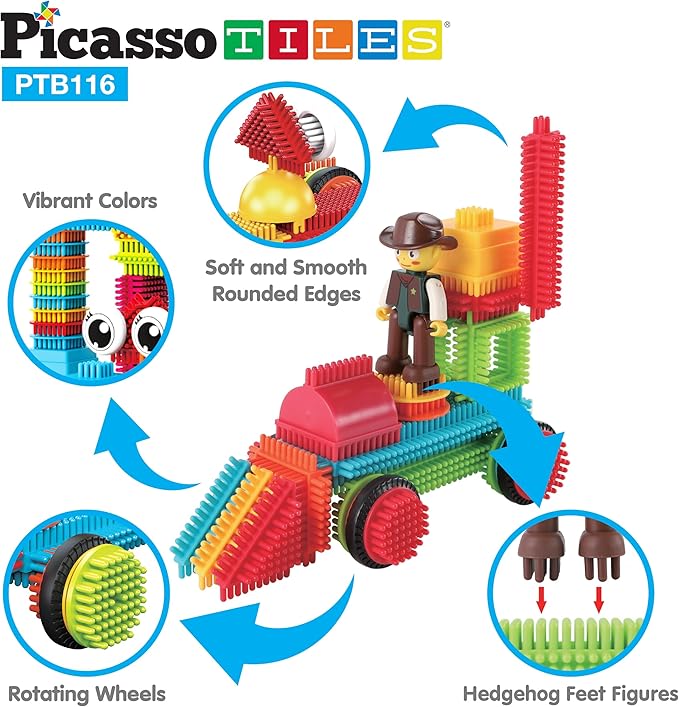 Picasso Toys 116pc Hedgehog Construction Building Blocks Toy Set Interlock Tiles with Idea Book, 4 Action Figure Characters, 4 Decorative Eyes STEM Learning Kit Playset for Boys Girls 3 and Up PTB116