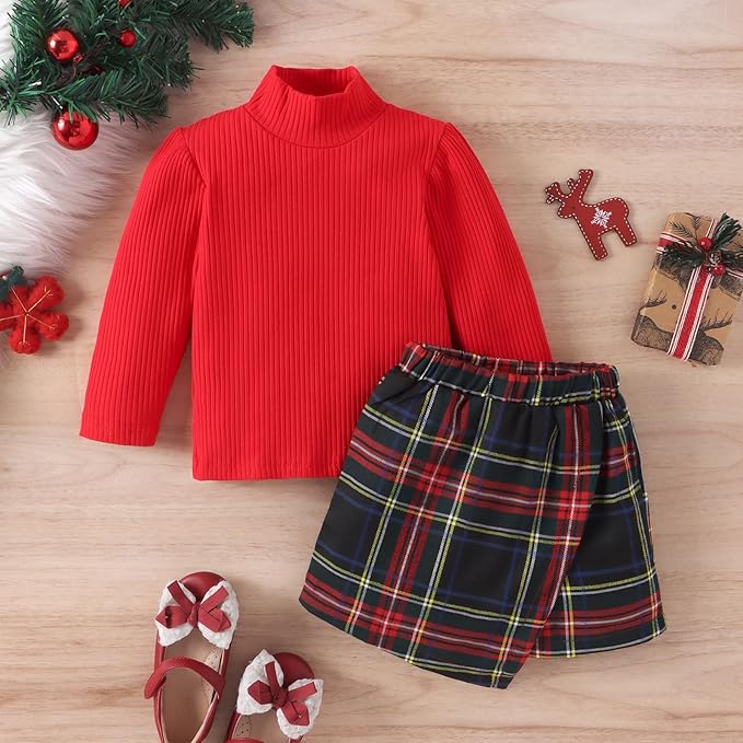 Fernvia Toddler Baby Girl Fall Winter Skirt Set Turtleneck Ribbed Long Sleeve T-Shirt Top & Plaid Skirts Dress 2Pcs Outfits