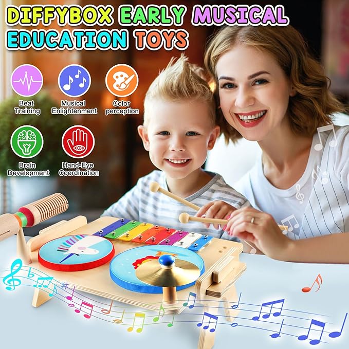 Kids Drum Set, Baby Musical Instruments Toys for Toddlers, 7 in 1 Wooden Xylophone Toddler Drum Set Percussion Instruments Musical Toys Birthday Gifts for Children Boys and Girls