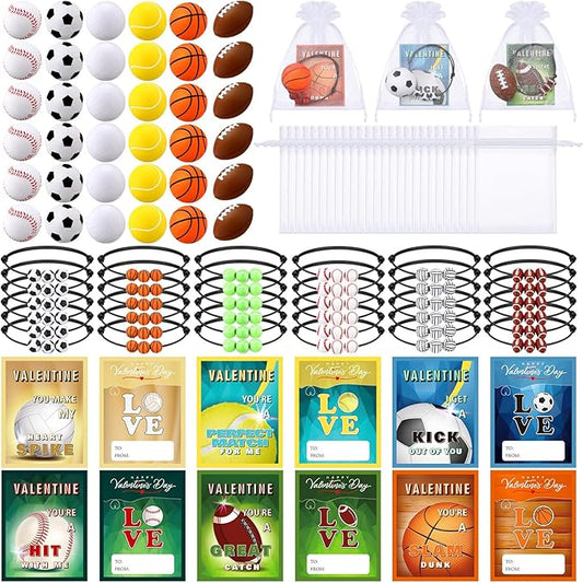 144 Pcs Valentine's Day Sports Gift Cards Valentines Party Favors Sports Greeting Cards with Stress Balls Bracelet Favors for Valentines Sports Team