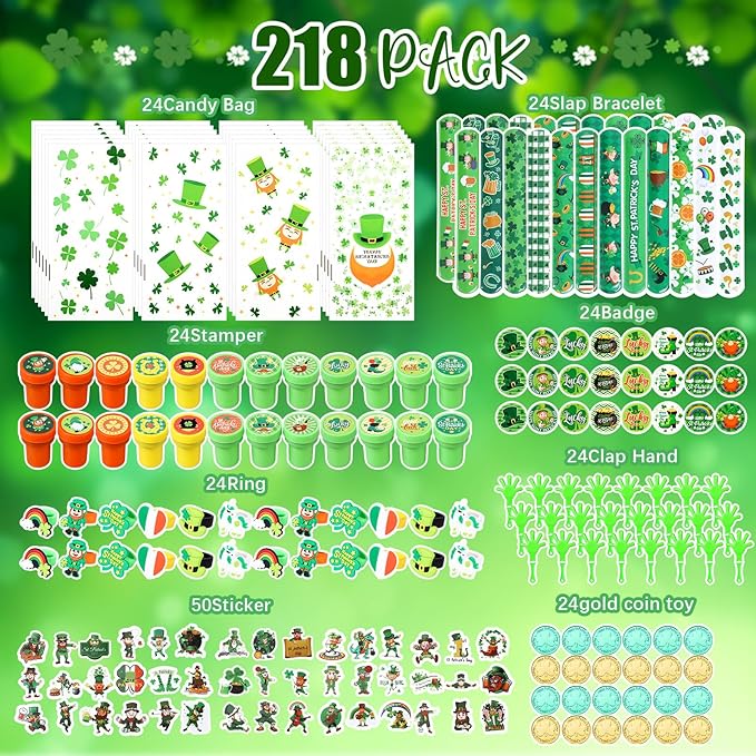 218 Pcs St. Patrick's Day Accessories Party Favors for Kids Include Gift Bag Slap Bracelet Badge Sticker Stamper Ring Hand Clapper Coin, St. Patrick's Day Gifts Irish Party Supplies