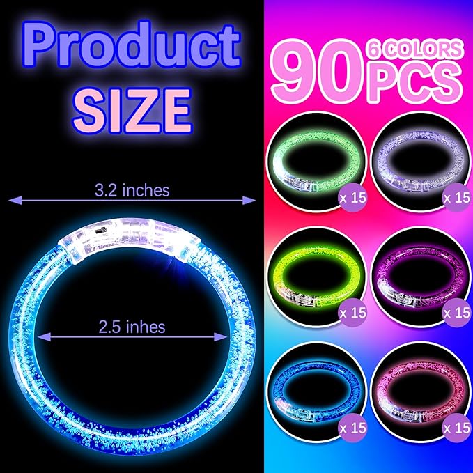 90 Pack Light up Bracelets,Glow Sticks Bracelets,6 Color LED Bracelets Glow In the Dark Party Supplies,Flashing Light Up Bracelet,Glow Bracelets for Birthday Concert Carnival Party Favors