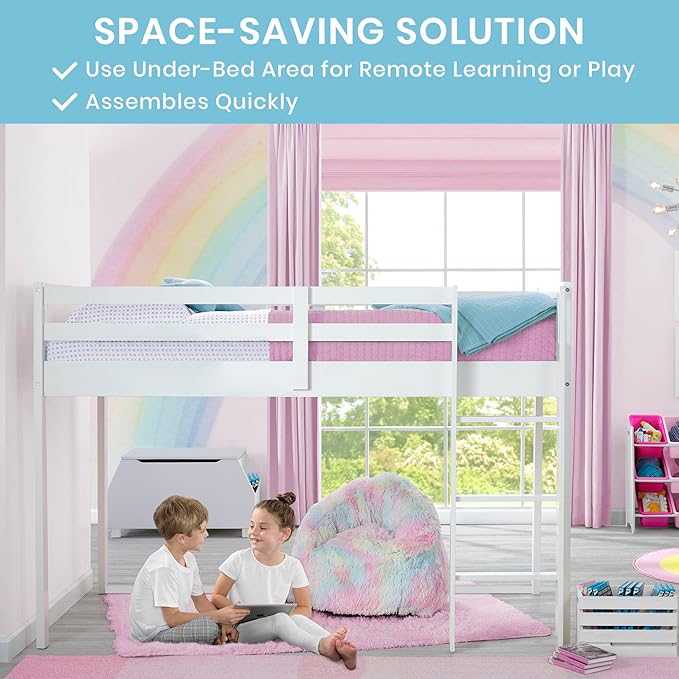 Delta Children Twin Loft Bed with Guardrail and Ladder (Coordinates with Disney Princess & JoJo Siwa Tents Sold Separately), White