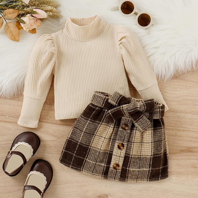 Fernvia Toddler Baby Girl Fall Winter Skirt Set Turtleneck Ribbed Long Sleeve T-Shirt Top & Plaid Skirts Dress 2Pcs Outfits