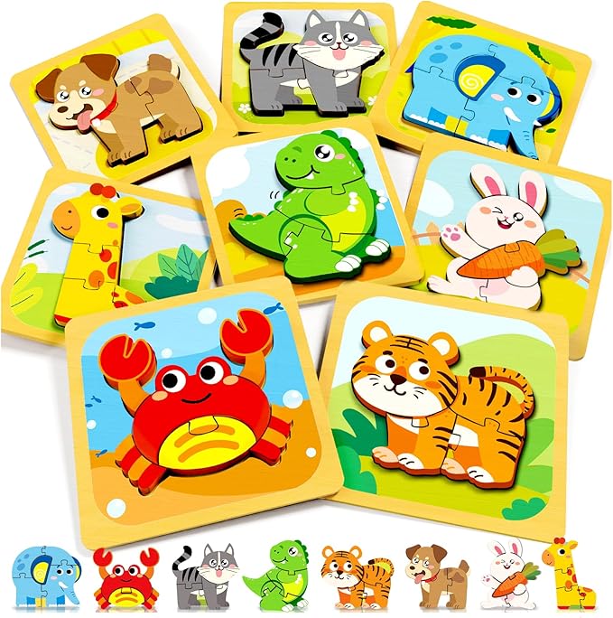 Puzzles, 8Pcs Animals Jigsaw Puzzles Toddler Toys, Brain Teaser Puzzles Montessori Toys, Wooden Puzzle Games, Educational Puzzles STEM Toys for 3+ Year Old Kids, for Kids