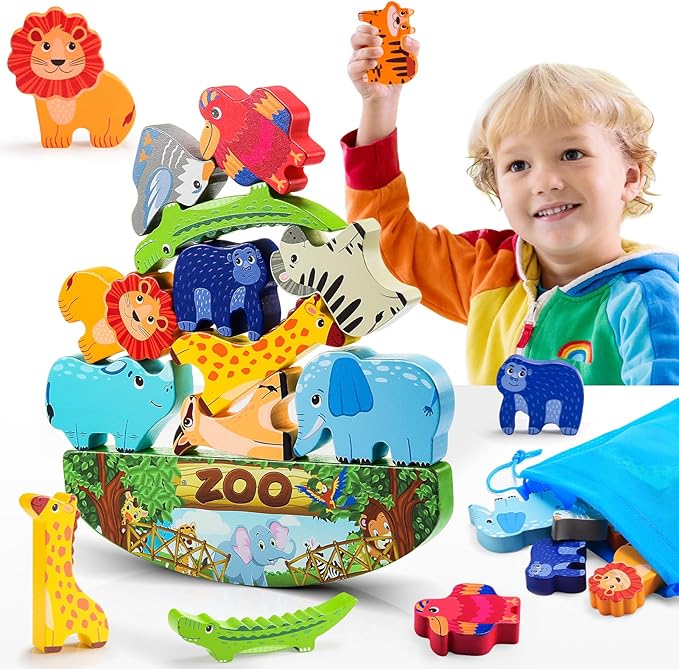 Animals Montessori Toddler Toys 2 3 4 5 6 7 Year Old Boys Girls Wooden Animal Blocks Stacking Toy Kids Easter Birthday Gifts for Boy Girl Age 3-7 Educational Toys Fine Motor Balance Game