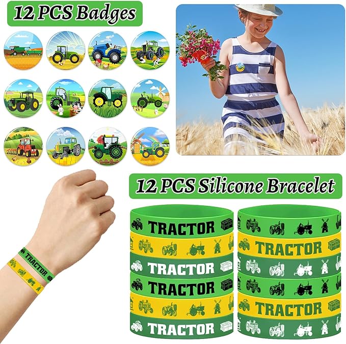 98 PCS Tractor Party Favors Tractor Theme Birthday Party Supplies Decorations Tractor Rubber Bracelet Tattoos Keychains Button Pin Tractor Stickers for Boys Girls Farm Tractor Birthday Theme Party