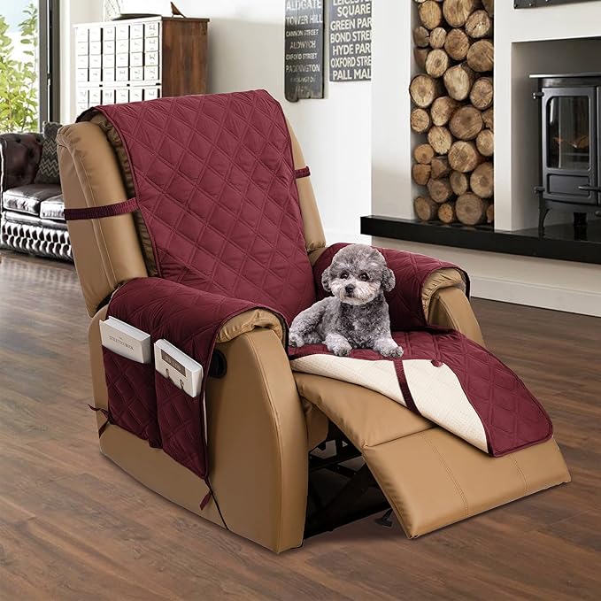 TOMORO Non-Slip Oversized Recliner Cover, 100% Waterproof Quilted Recliner Chair Slipcover Furniture Protector with Pockets, Washable Couch Cover with Elastic Straps for Kids and Pets