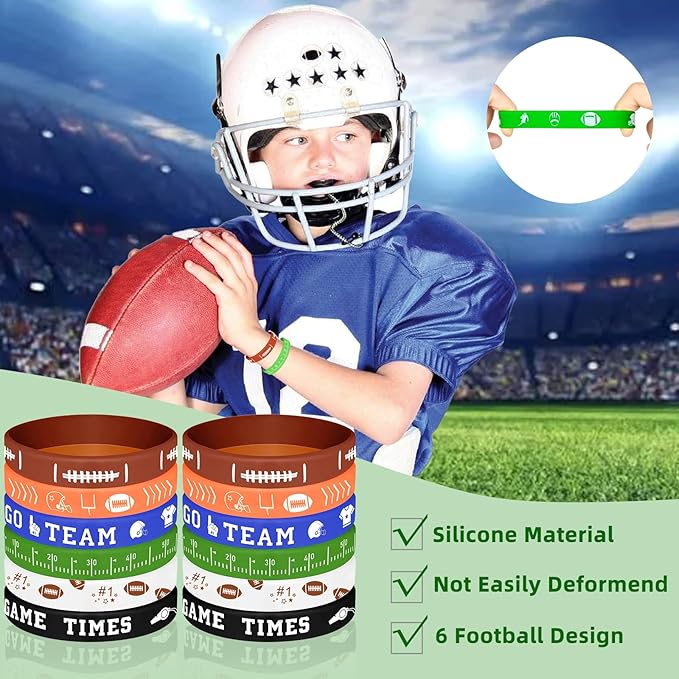 134 Pcs Football Party Favors Set 12 Silicone Bracelet 12 Whistles 12 Keychains 12 Slap Bracelet 12 Tattoo Stickers 12 Plastic Straws 12 Gift Bags 50 Football Stickers for Football Party Supplies