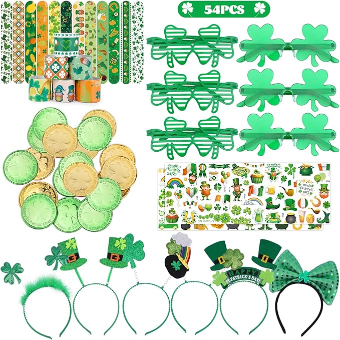 54Pcs St. Patrick's Day Party Favor Set, Includes Eyeglasses Slap Bracelets Tattoo Stickers Gold Coins, St Patricks Day Accessories for Irish Party Supplies Kids St Patricks Day Decorations